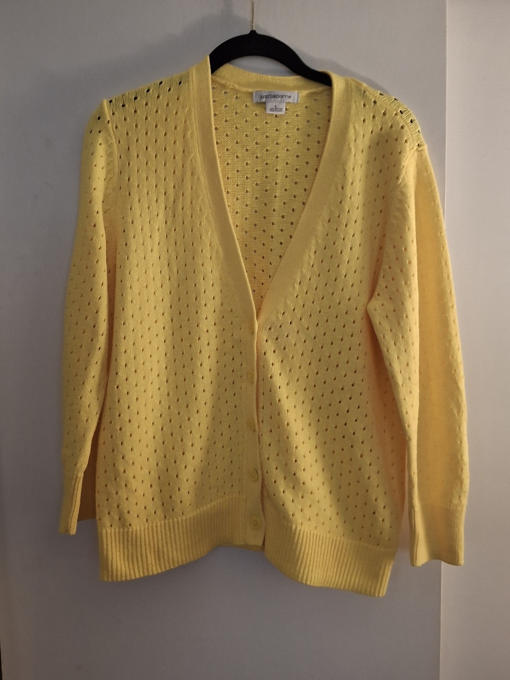 Liz Claiborne Women's Yellow Pointelle Knit Cardigan Sweater